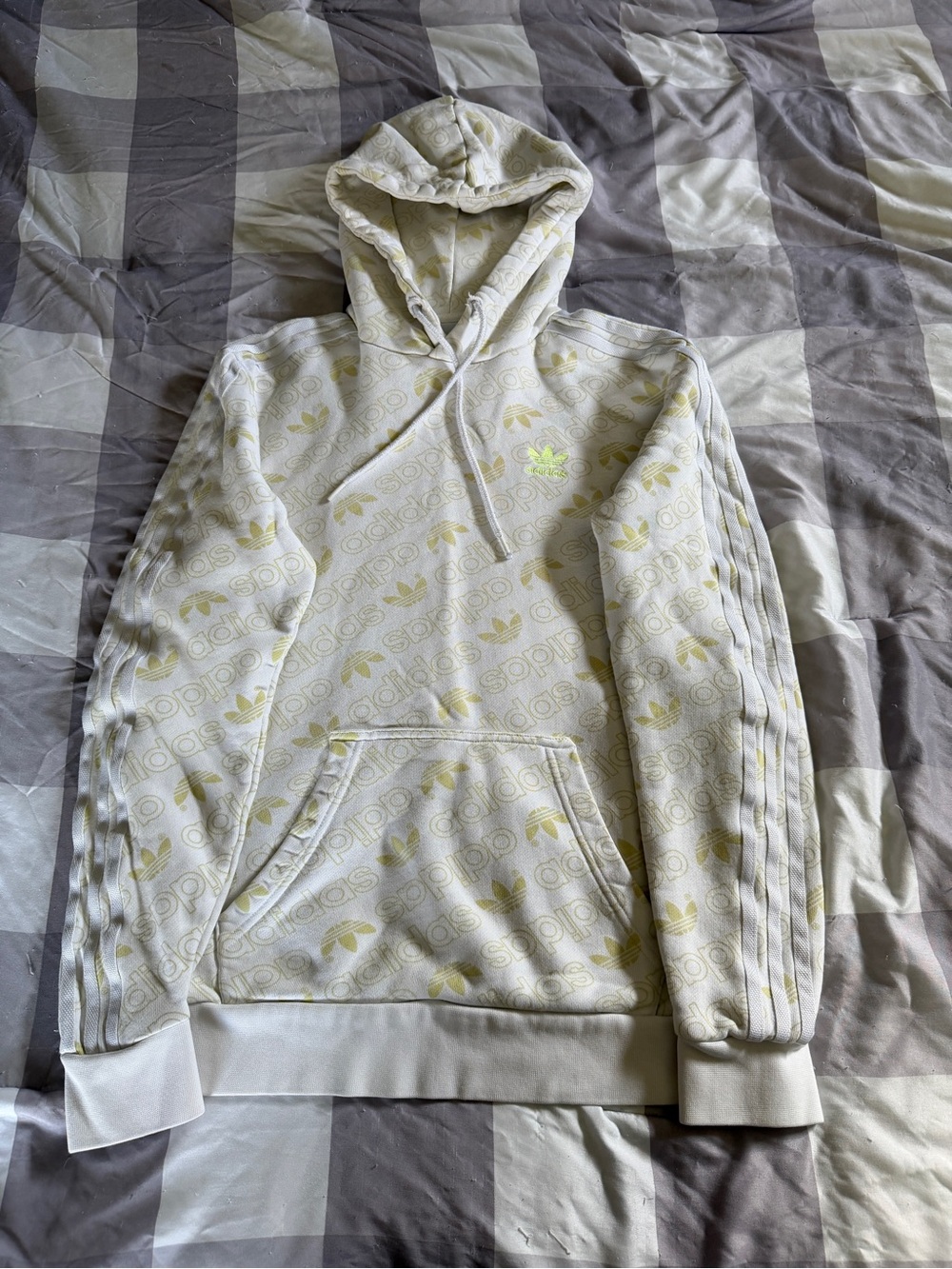 adidas Men’s Cream Hoodie with Pale Yellow Logo Print